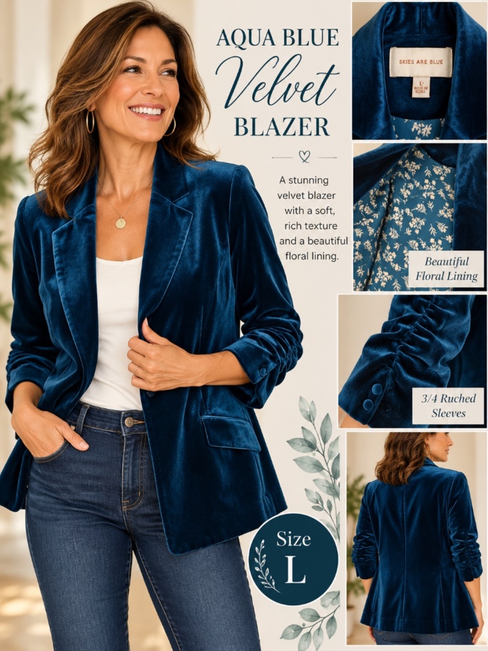 Skies Are Blue Aqua Blue Velvet Blazer | Size L | NWT